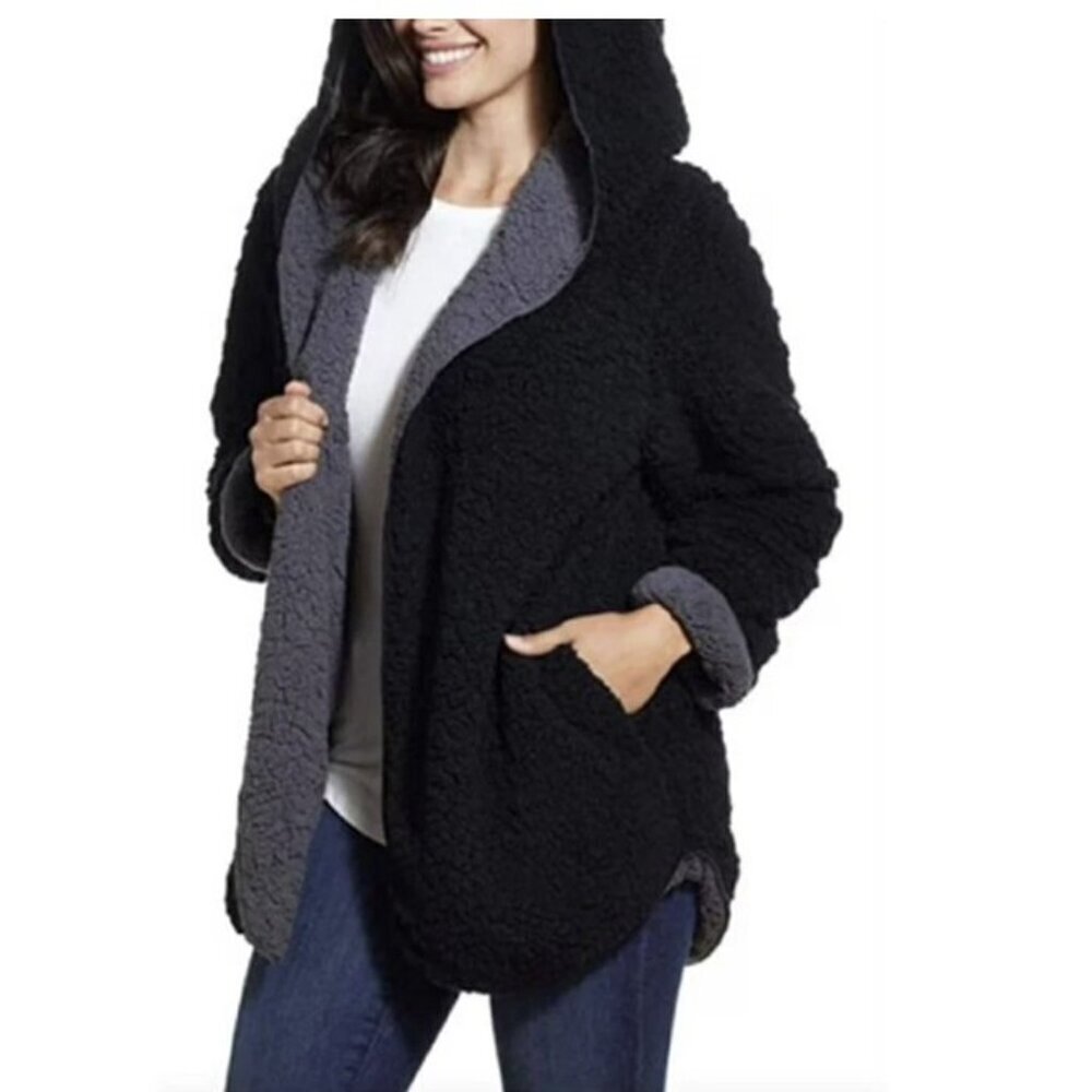 Weatherproof New Reversible Cozy Soft Sherpa Hooded Black Gray Jacket XL